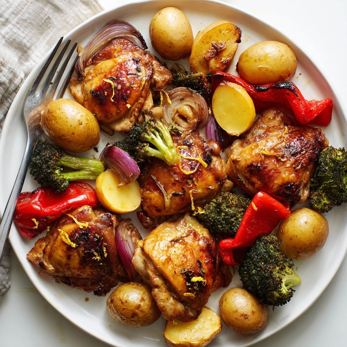 Honey Lemon Roasted Chicken Sheet Pan with golden skin, vibrant vegetables, and glossy citrus glaze.