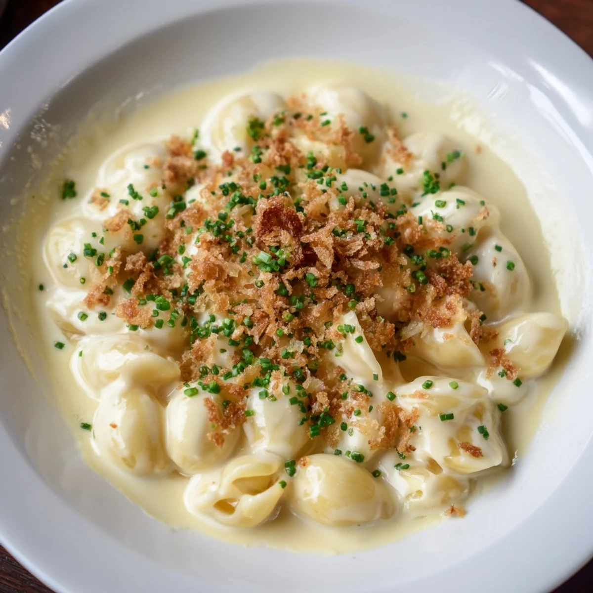 Golden stove-top mac and cheese, creamy and bubbling, ready to serve with fresh chives.