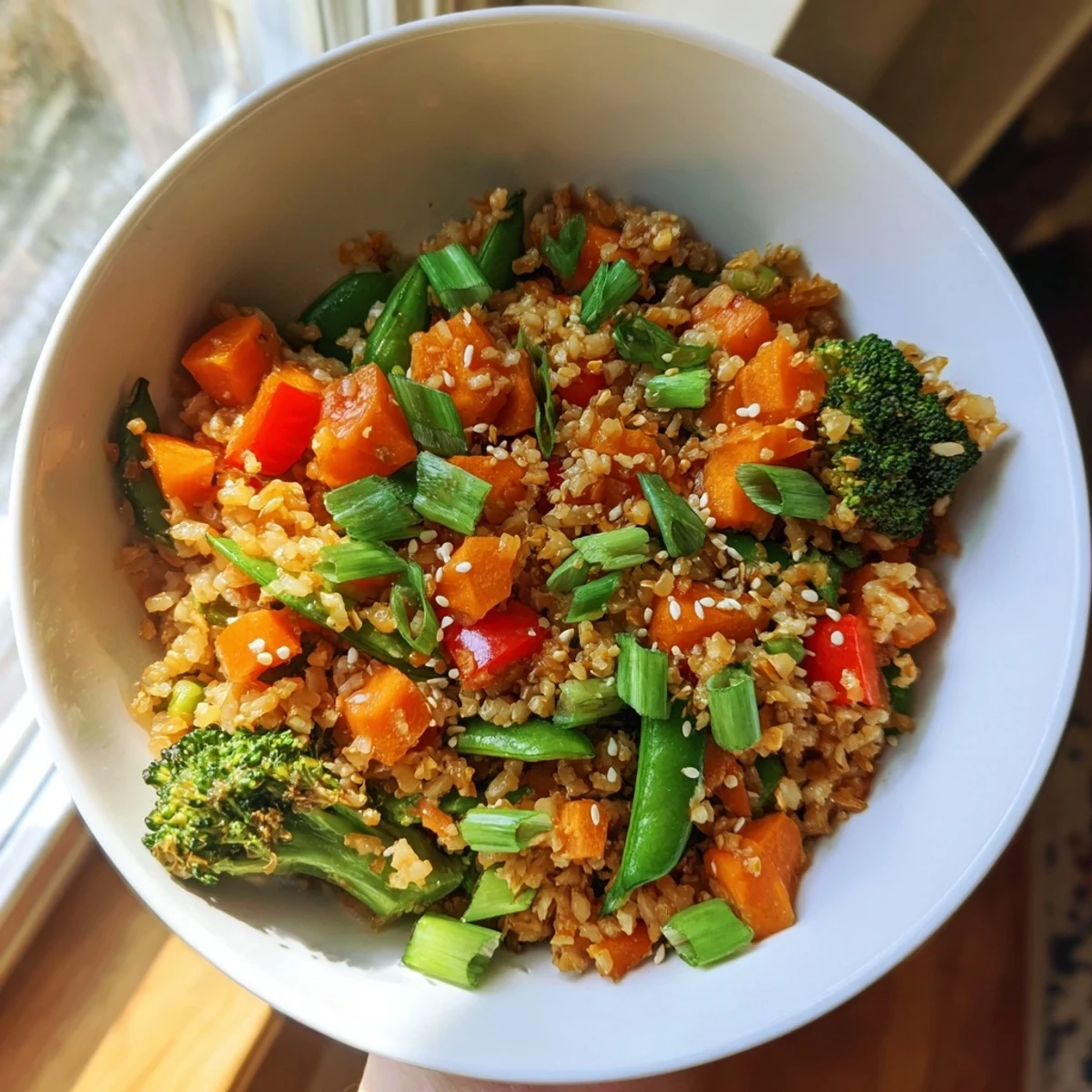 Crispy Vegetable Fried Rice Bowls, showcasing golden rice and colorful, tender vegetables with savory sauce.