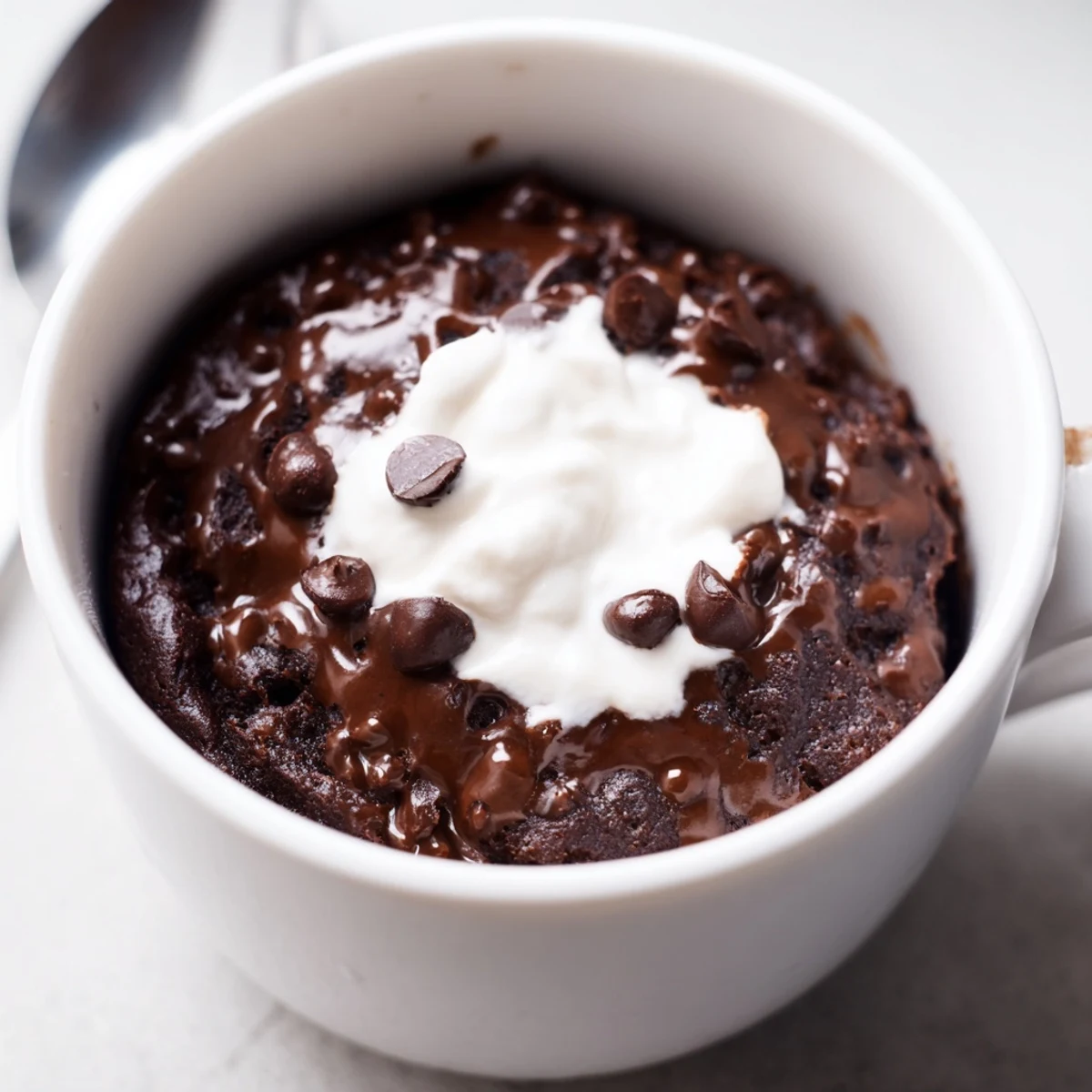 Close-up of a decadent, moist chocolate mug cake with a rich, dark cocoa flavor.