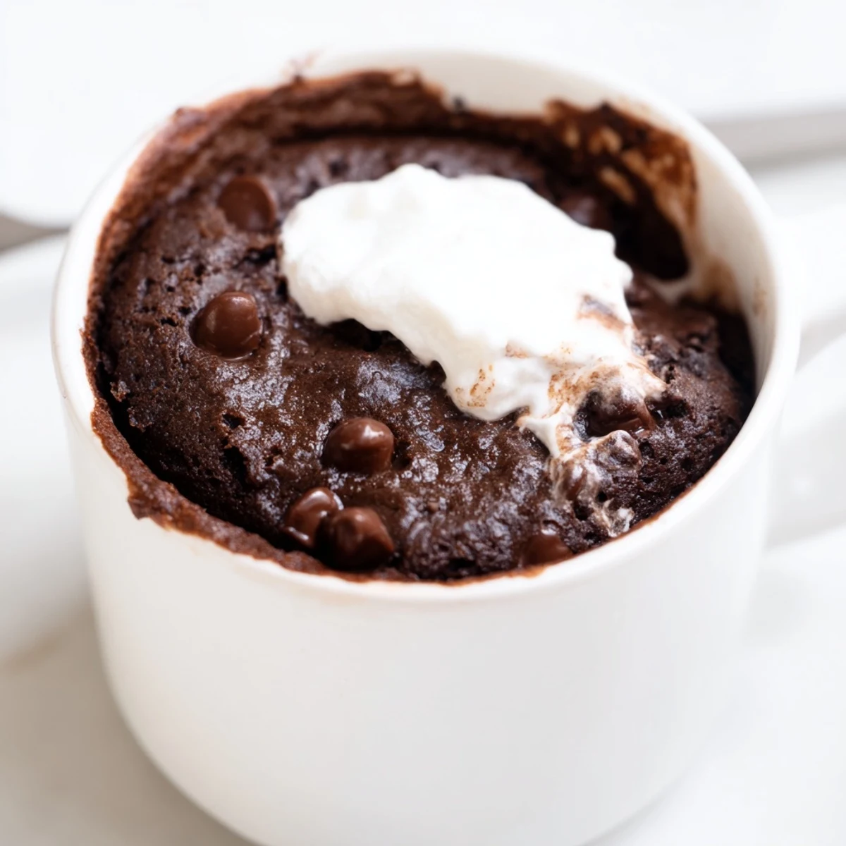 Warm, fluffy chocolate mug cake, topped with whipped cream, perfect for a late-night treat.