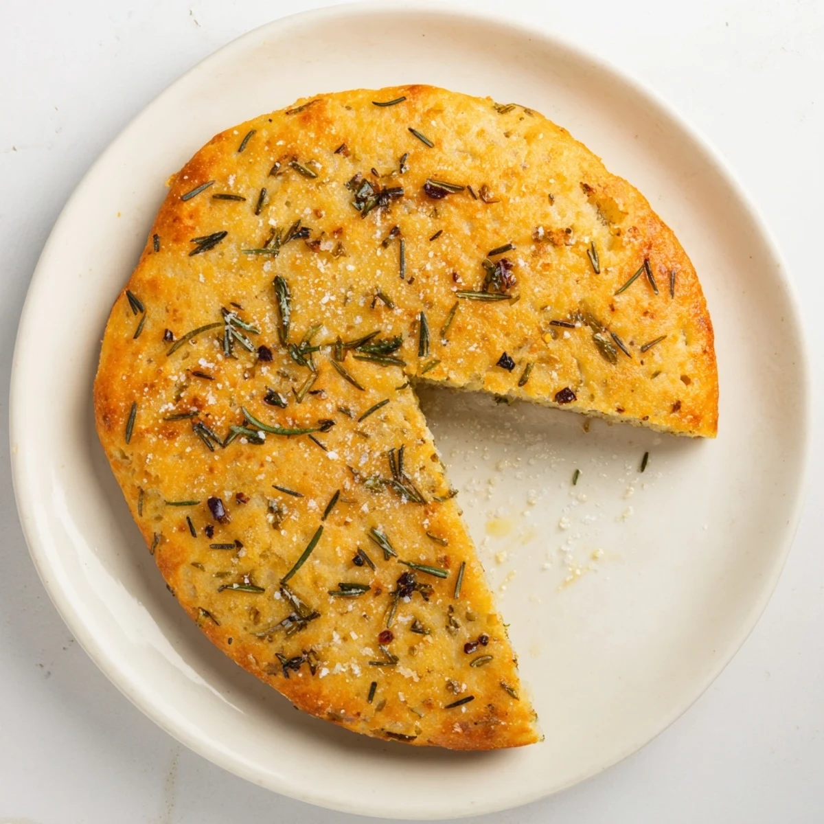 Golden Yeast-Free Garlic and Rosemary Bannock Bread, ready to slice and enjoy with your favorite stew.
