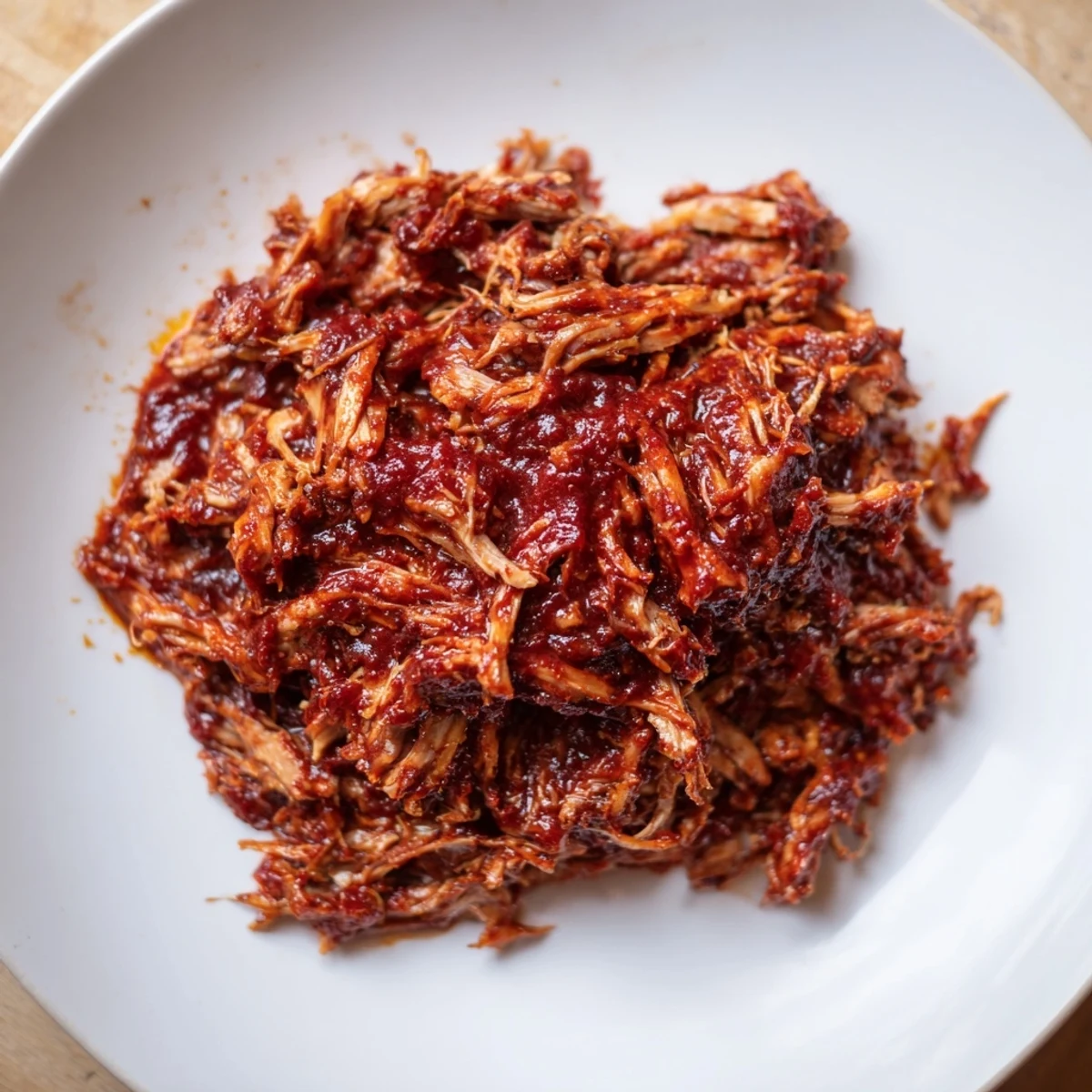 Close-up of tender 5-Ingredient BBQ Pulled Pork, perfect for sandwiches with a rich barbecue sauce.