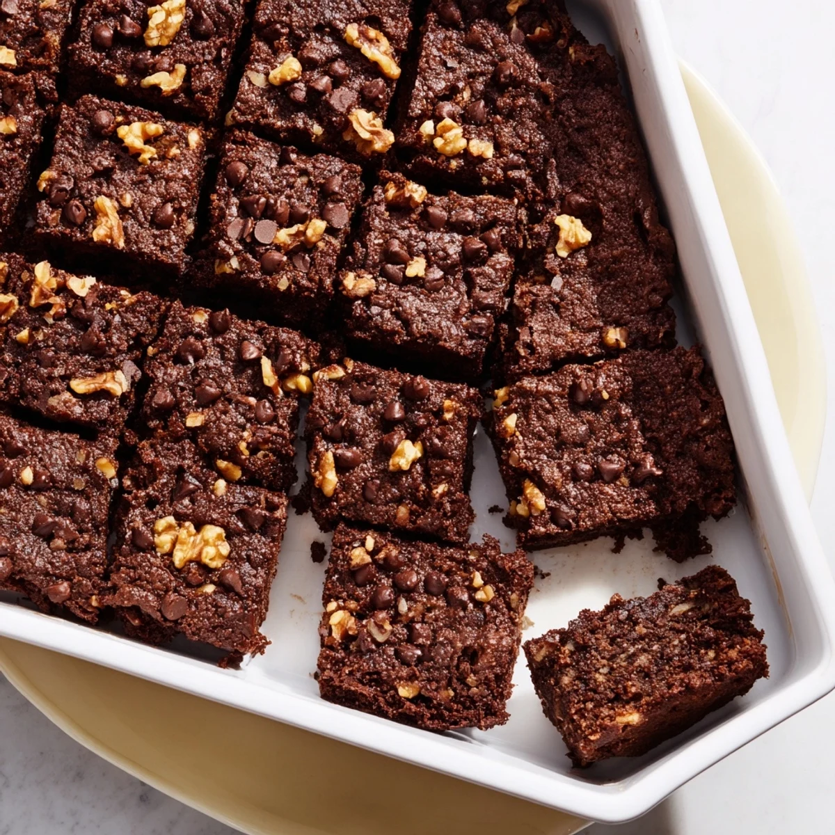 Warm, gooey Fudgy Walnut Brownies in a pan, with visible chopped walnuts for the perfect bite.