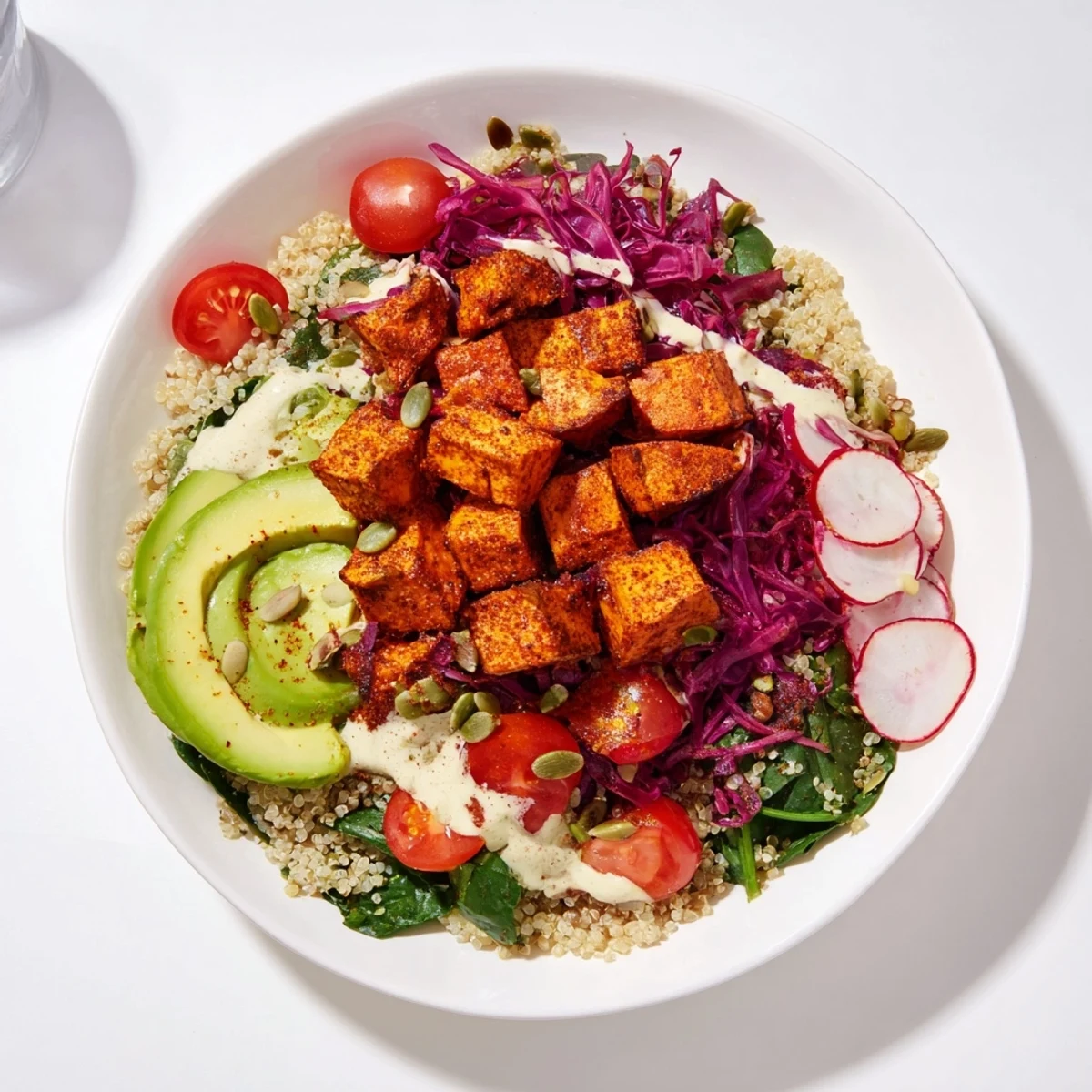 Complete Veggie Bowl featuring fluffy quinoa, roasted sweet potatoes, and creamy tahini dressing, ready to eat.
