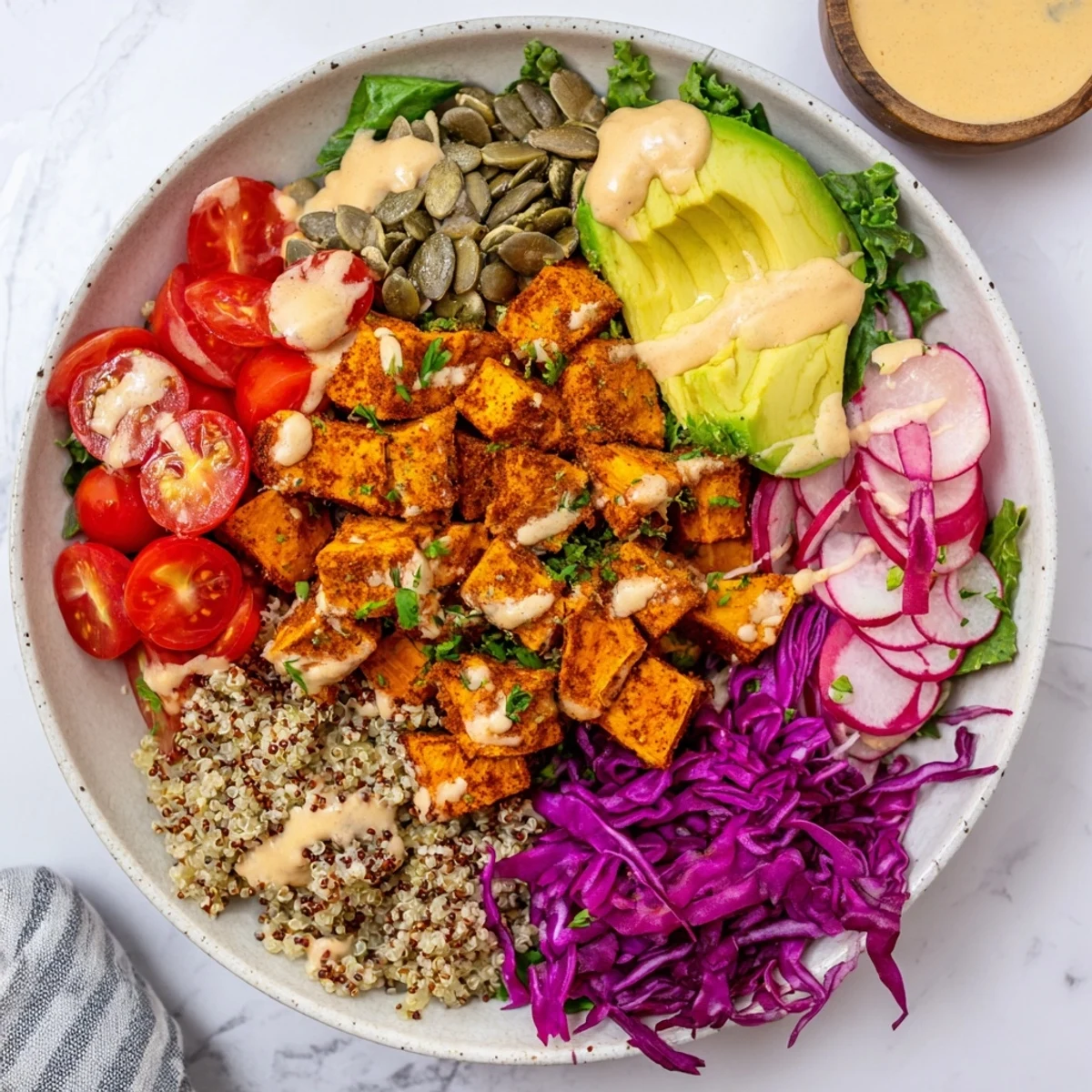 Vibrant complete veggie bowl showcasing a colorful array of ingredients and a tempting tahini vinaigrette.