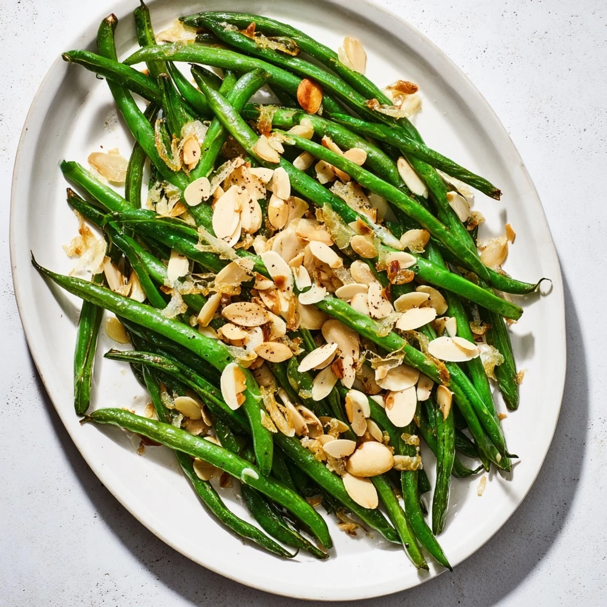 Close-up of golden sautéed green beans with garlic and almonds, a flavorful and easy recipe.