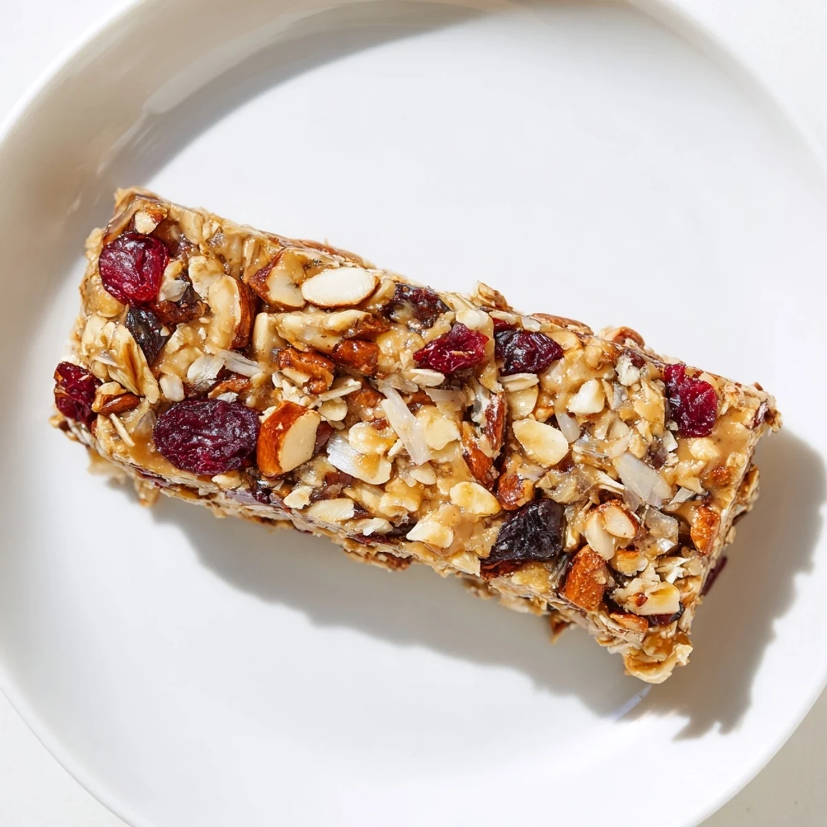 A close-up of chewy No-Bake Energy Bars, showing oats, nuts, and dried fruit textures.