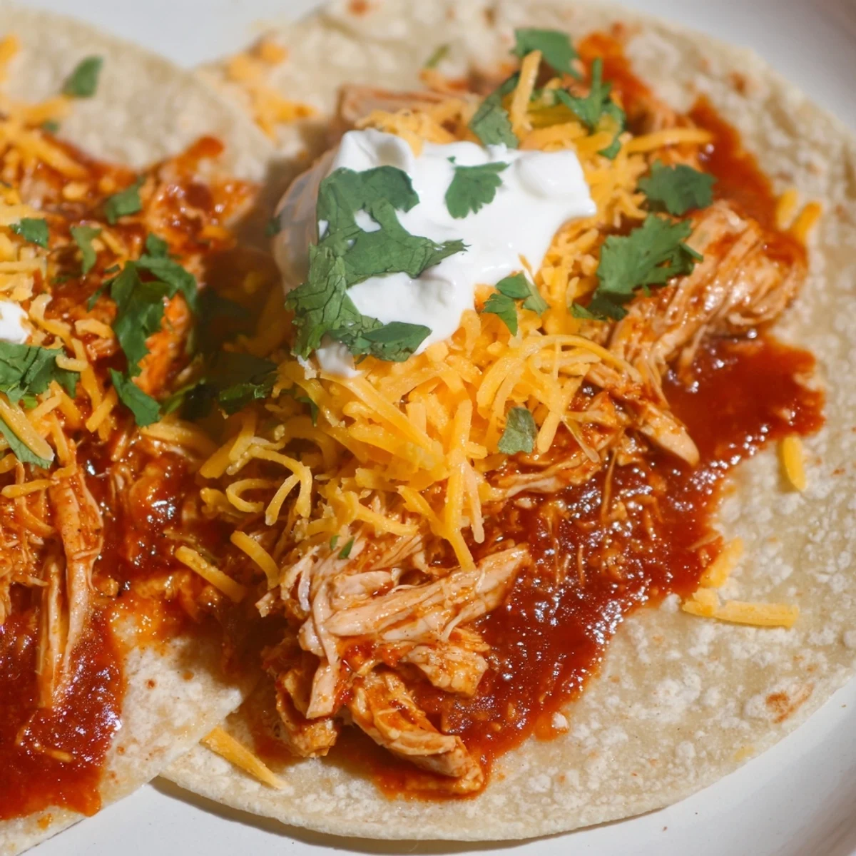 Delectable slow cooker shredded chicken tacos, showcasing succulent chicken, perfect for a family dinner.