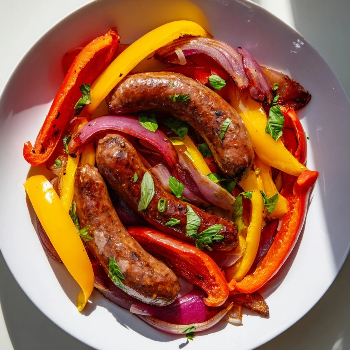 Sizzling sheet pan roasted Italian sausage, peppers, and onions, ready to serve with fresh herbs.