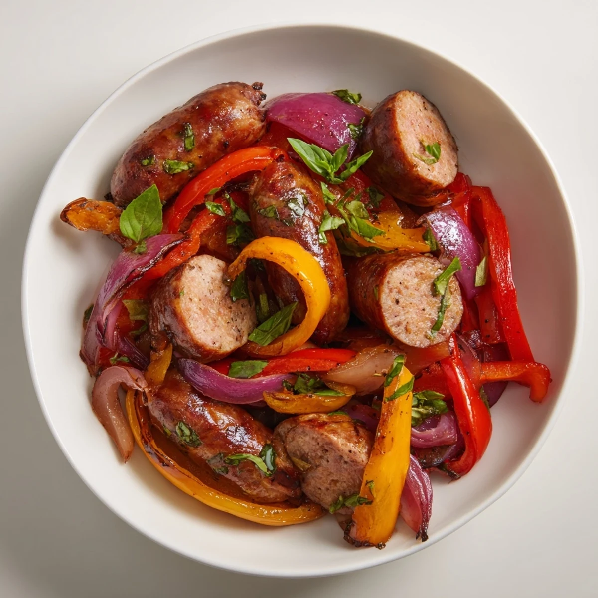 Close-up of a delightful easy sheet pan: roasted Italian sausage, peppers, and onions, a simple dinner.