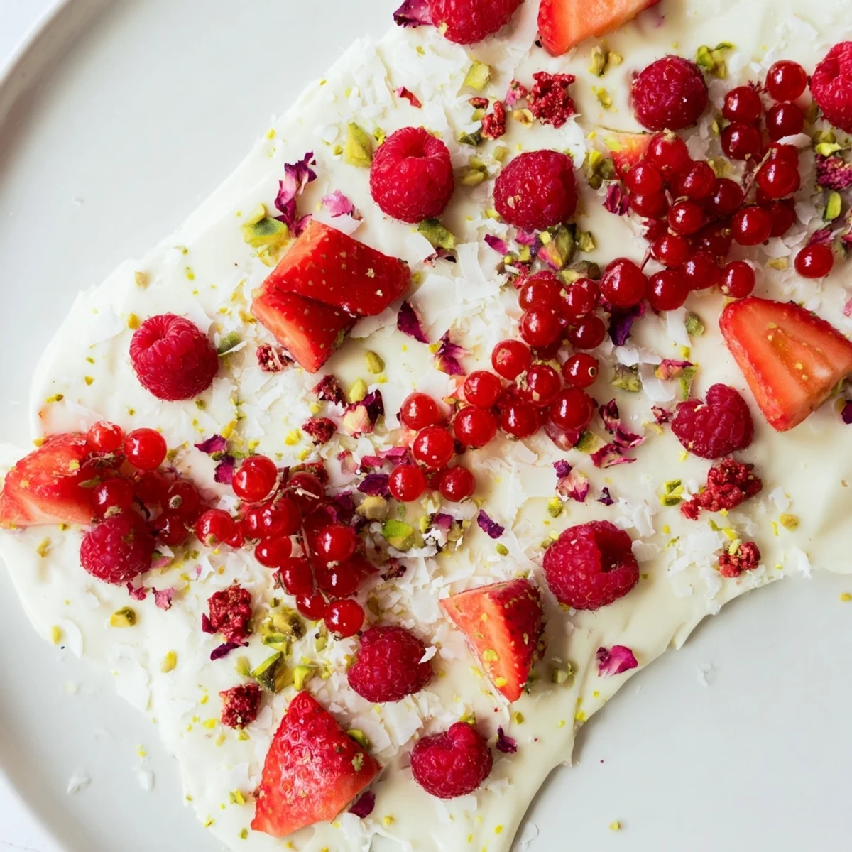 Sweet and refreshing frozen yogurt bark topped with fresh red berries for a tasty treat.