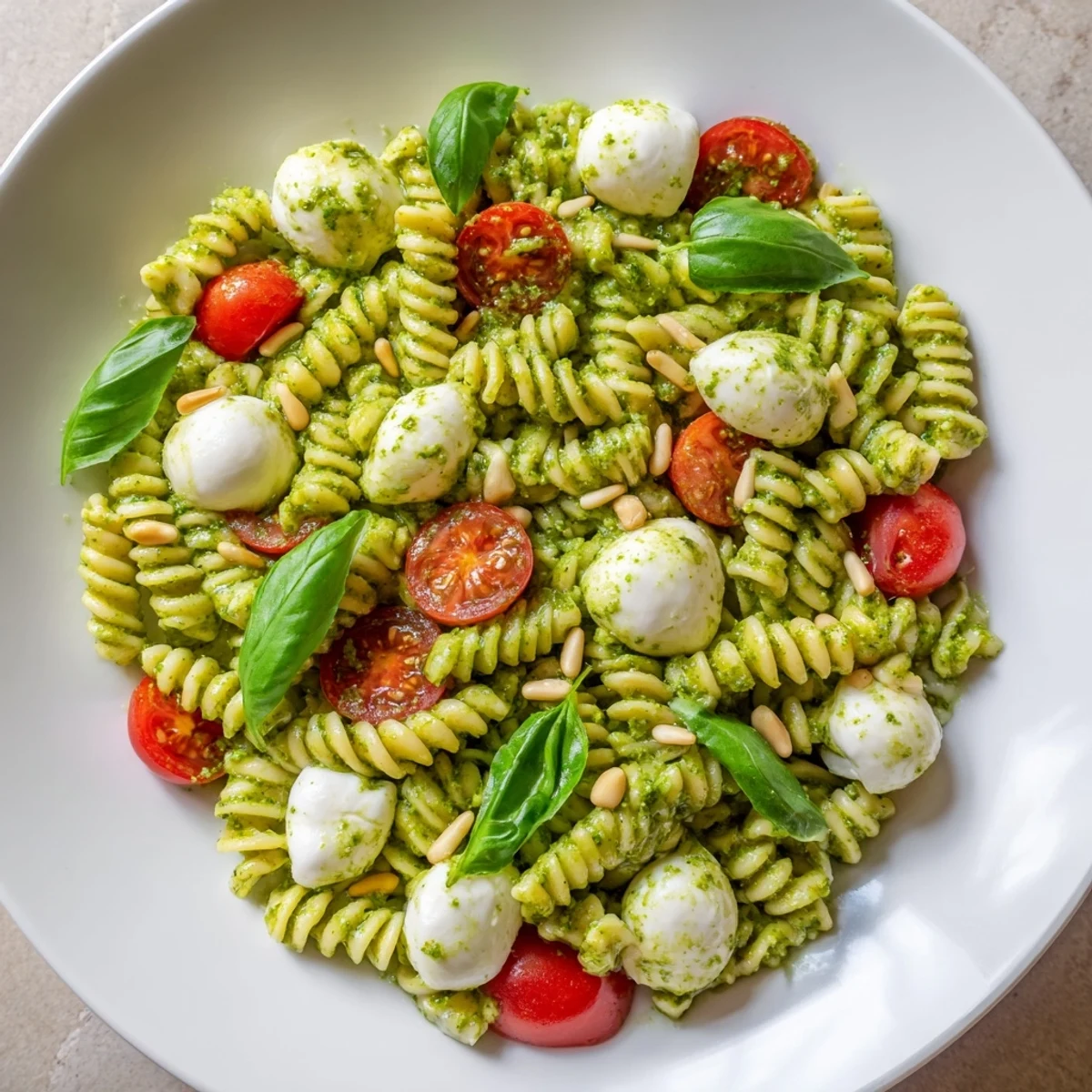 A delicious, colorful cold pasta salad with pesto, mozzarella, and juicy cherry tomatoes.