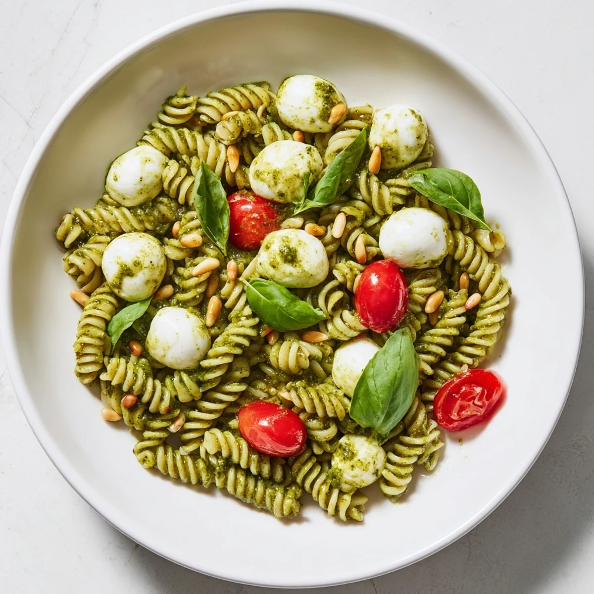 This refreshing cold pasta salad combines pesto, mozzarella, and cherry tomatoes for a light lunch.