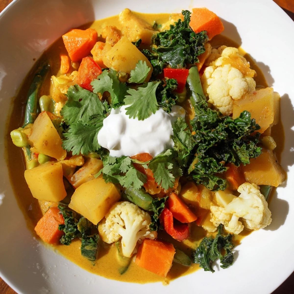Spoonful of Waste-Free Vegetarian Curry: Chunks of vibrant vegetables in creamy coconut milk, perfect with fresh cilantro.