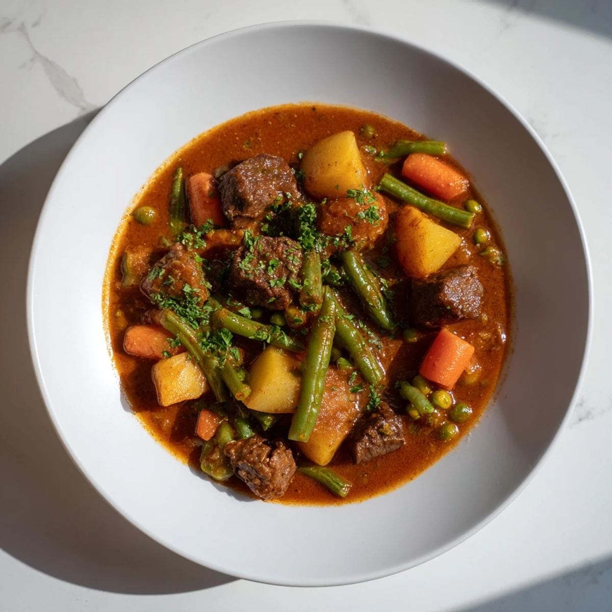 Steaming-hot beef and vegetable stew: a rustic, comforting bowl filled with tender beef.