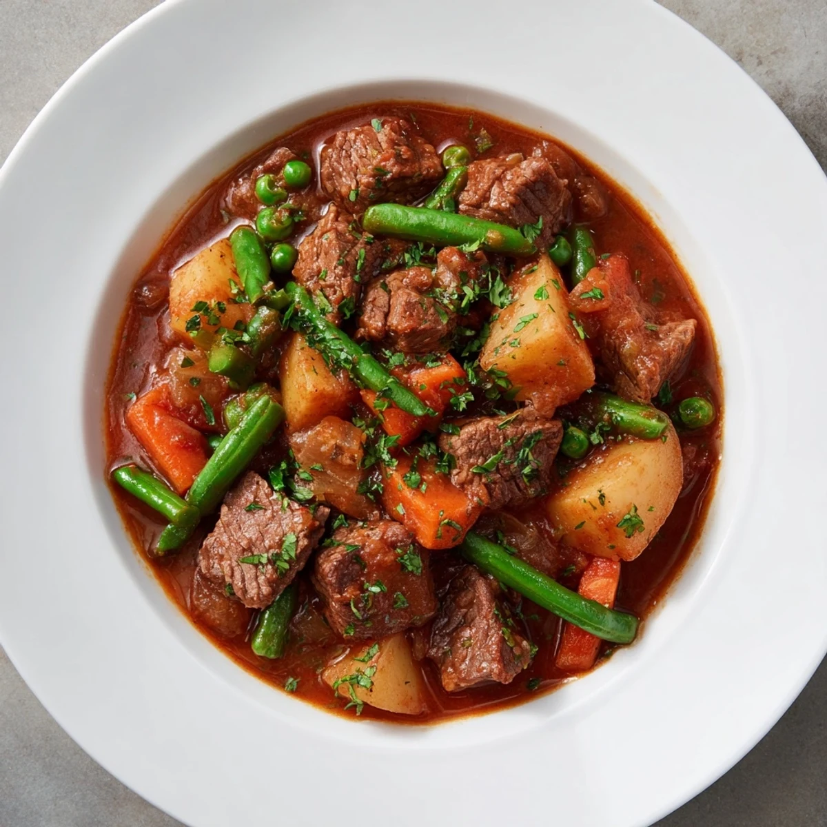 Hearty beef and vegetable stew in a cozy bowl, perfect for a cold evening with crusty bread.