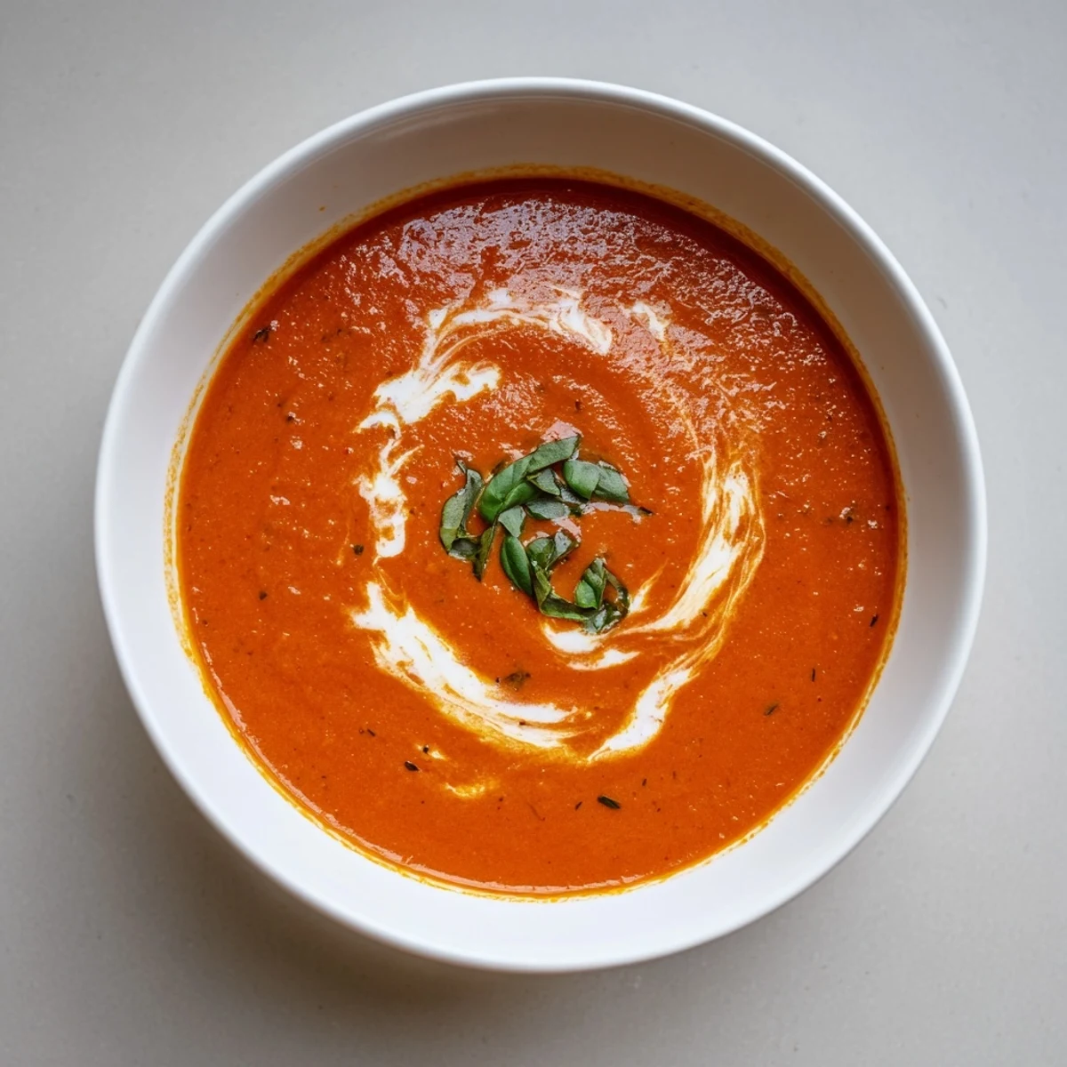 A steaming bowl of comforting homemade tomato and basil soup, garnished with fresh basil.