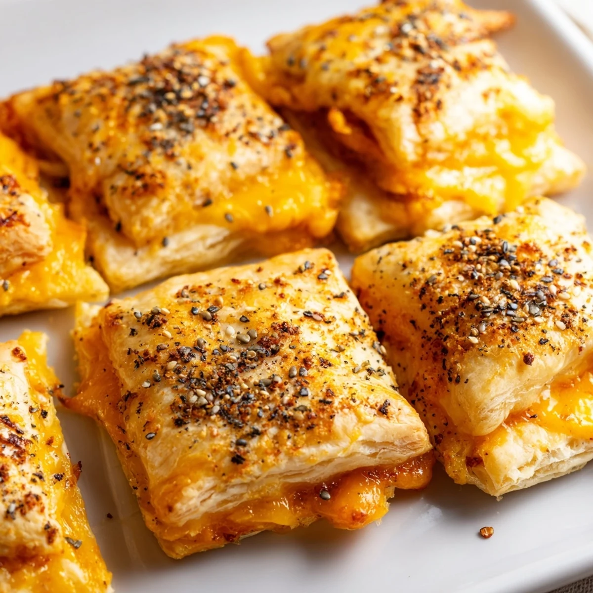 Close-up of baked Cheese and Spice Puff Pastry Bites, displaying the golden, puffed-up pastry and seasonings.