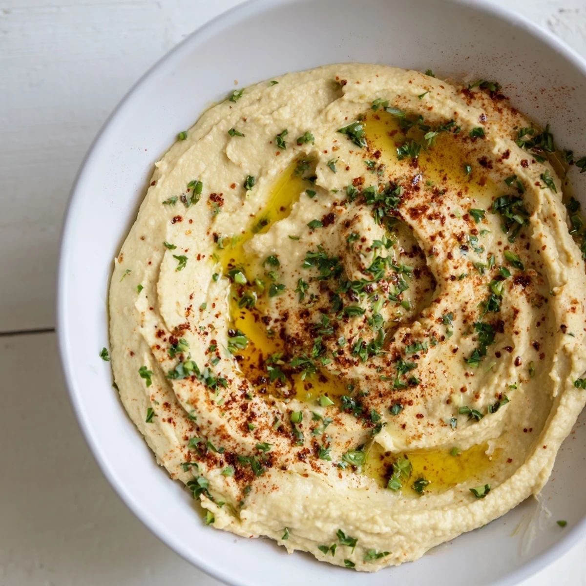 Creamy Perfect 5-Minute Homemade Hummus, garnished with paprika, olive oil, and fresh parsley, ready to enjoy.
