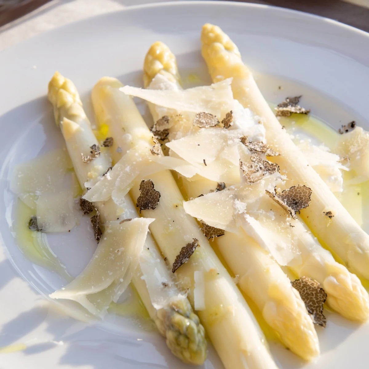 Picture a beautifully plated Silver Birch: white asparagus with shaved Comté and black truffle accents.