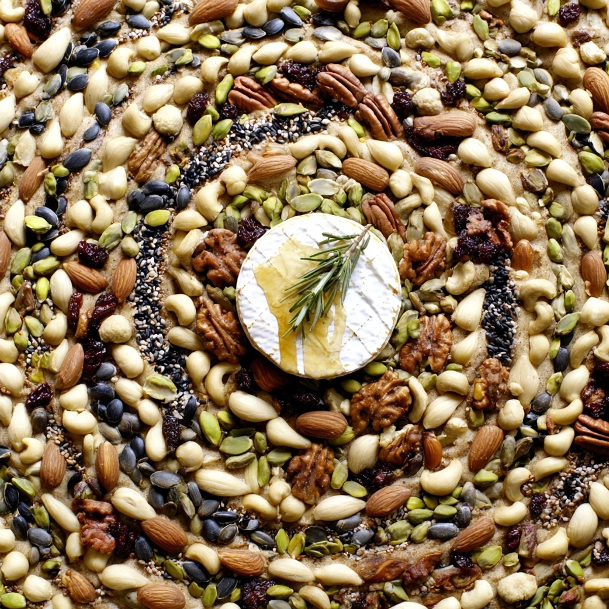 A vibrant view of The Labyrinth appetizer with nuts and seeds surrounding creamy cheese.