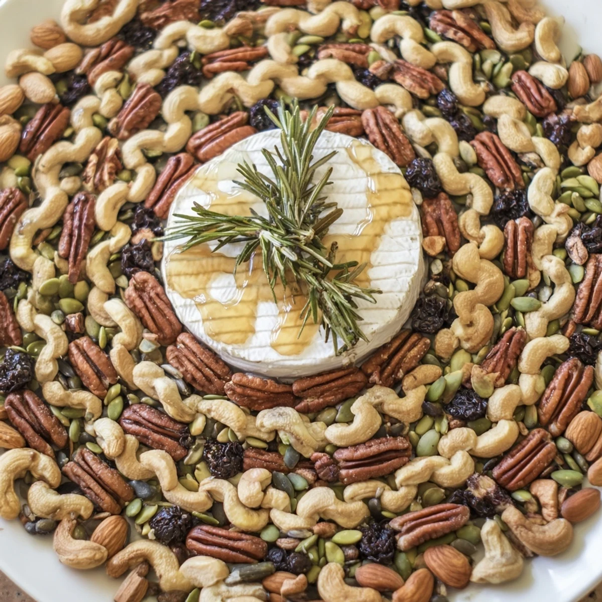 This appetizing photo displays The Labyrinth, a party-ready arrangement of nuts, seeds, and cheese.
