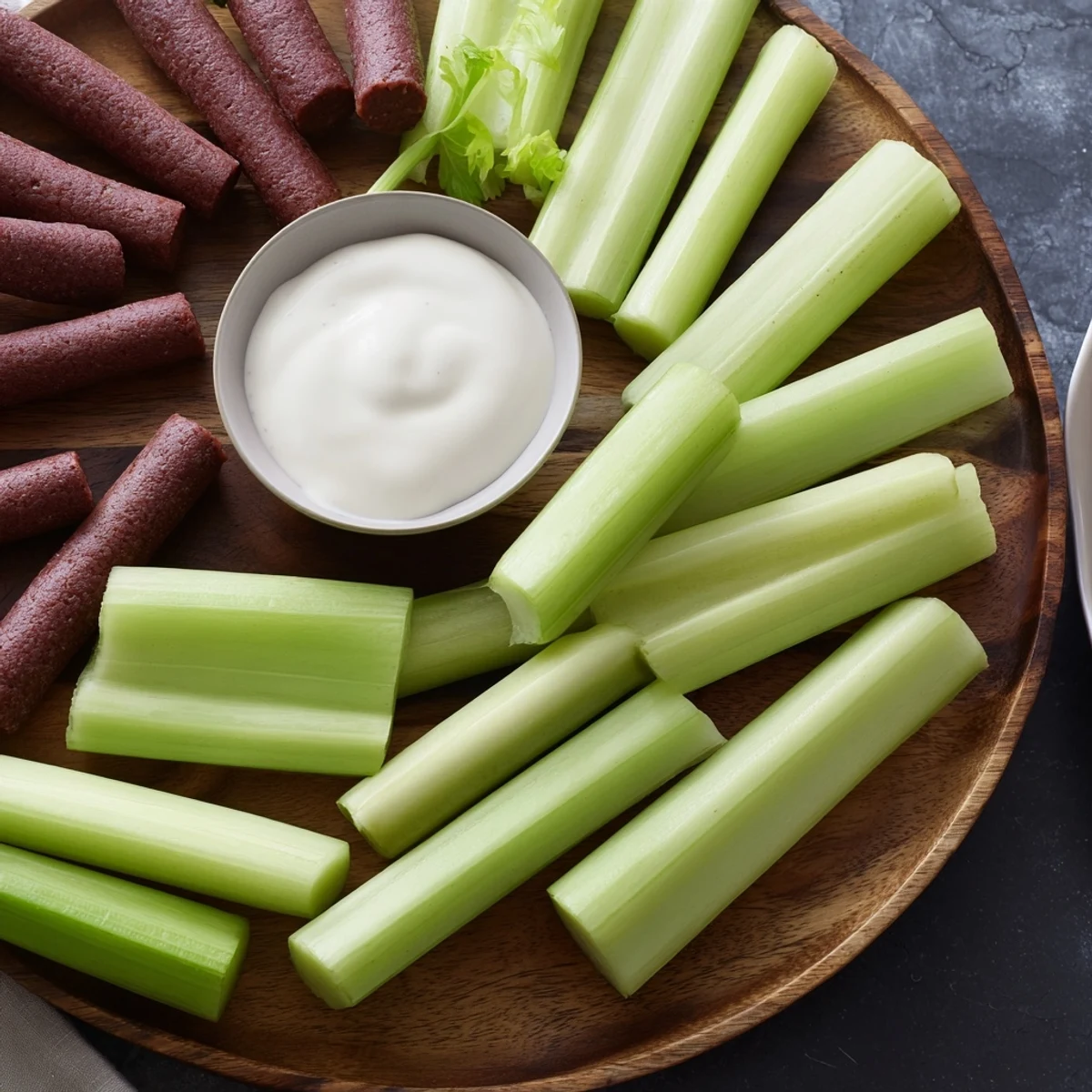 Appetizing The Rustic Wheel platter: fresh celery spokes and savory meat sticks make a quick, shareable snack.