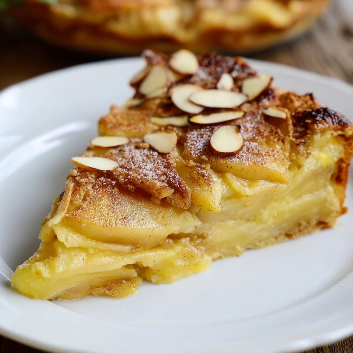 Golden-brown Rustic Crustless Apple Pie, with tender apples and caramelized sugar, ready to eat.