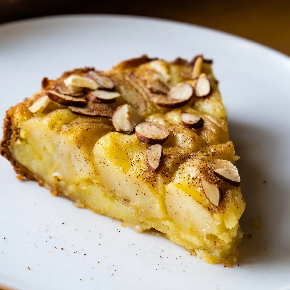 Slice of the amazing Rustic Crustless Apple Pie, served warm with optional creamy vanilla ice cream.