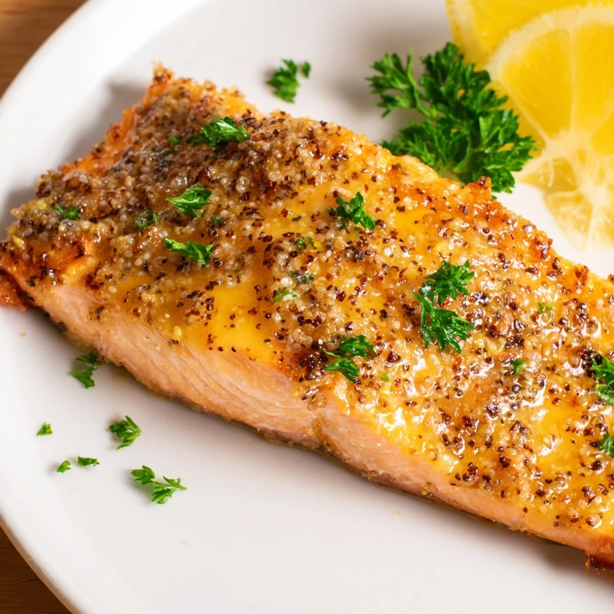 Honey mustard glazed salmon, glistening with sauce before broiling in the oven, a speedy dinner idea.