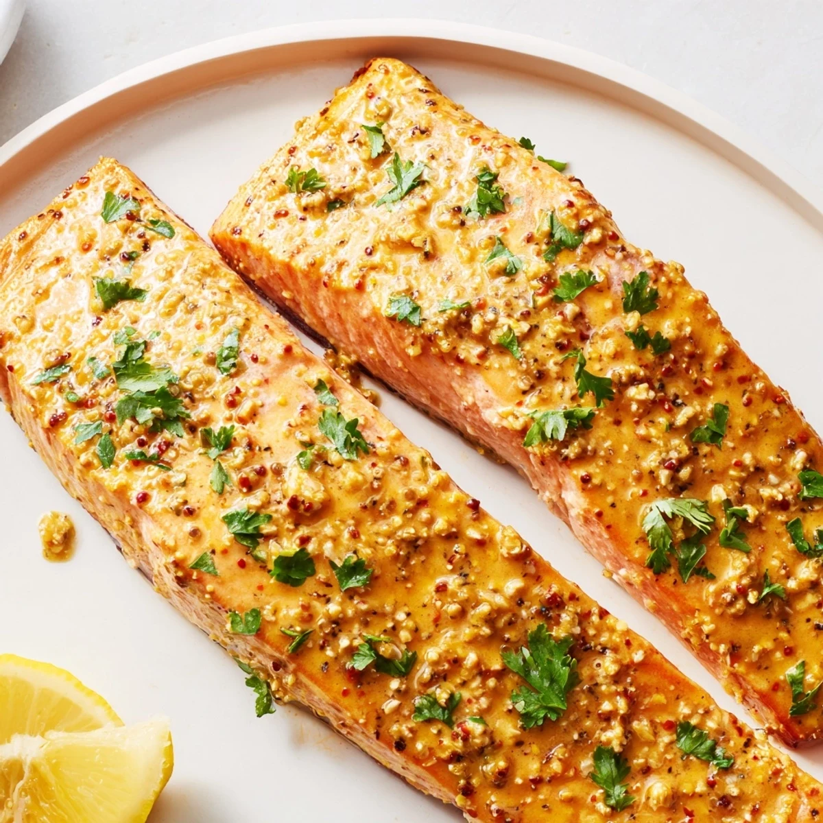 Perfectly broiled honey mustard glazed salmon, flaky and tender, served with fresh lemon wedges for zest.