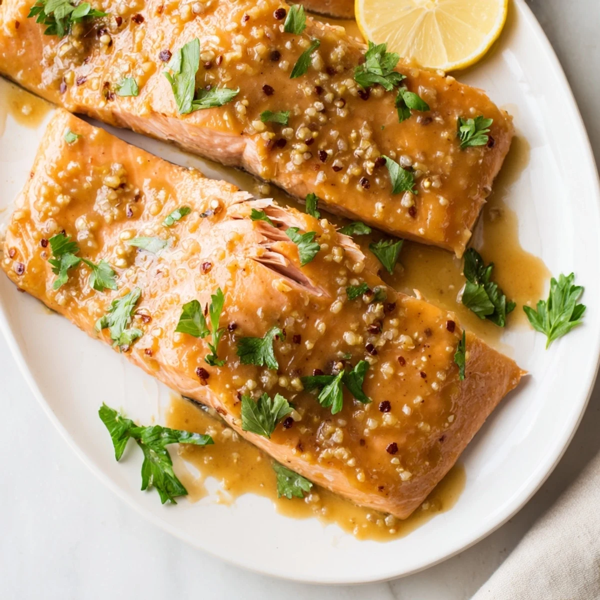 A close-up of Express Supper honey mustard glazed salmon, showing a rich, caramelized glaze on a white plate.