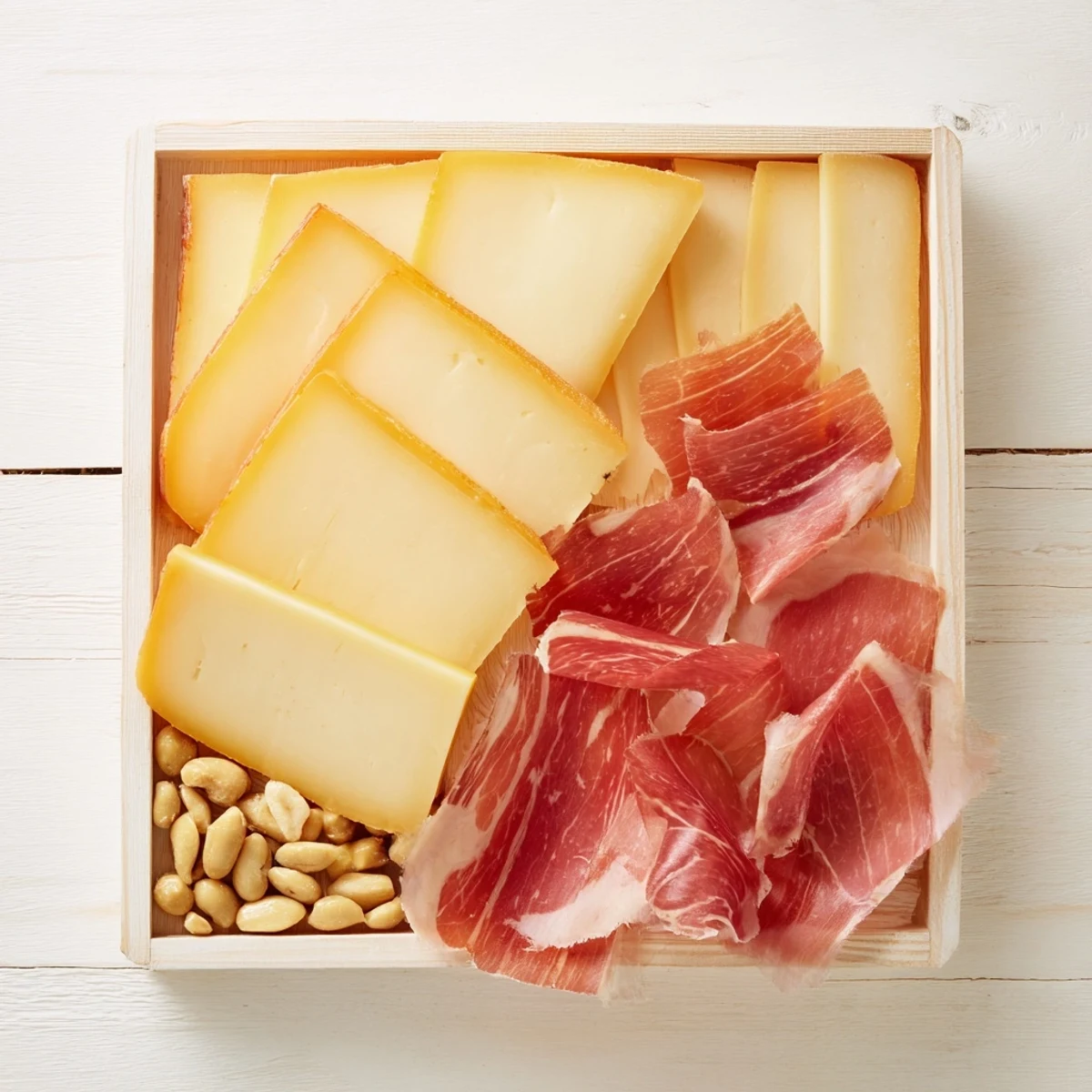 Elegant Minimalism Master cheese board: slices of Comté, Jamón Ibérico, and green olives.