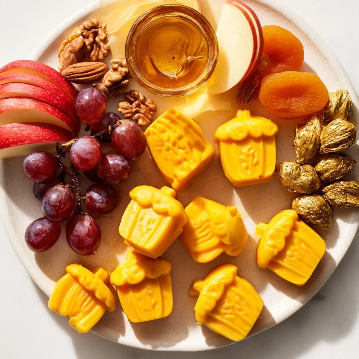 The Gilded Acorn charcuterie board features golden, glistening almonds and adorable cheese acorns, ready to serve.