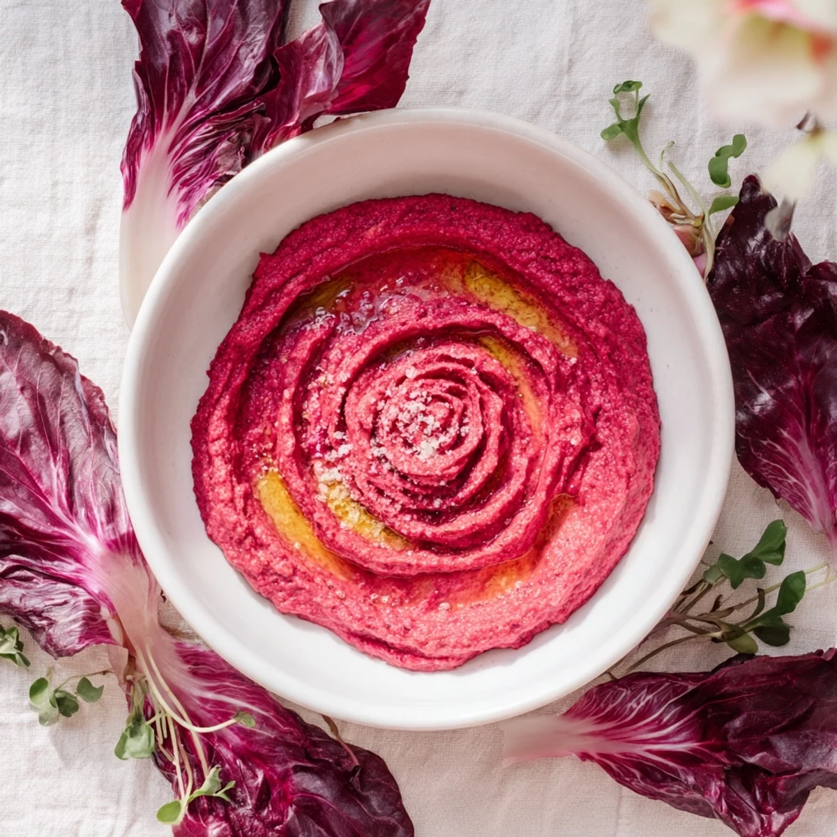 Appealing image of the The Velvet Rose: a vegan appetizer featuring swirled beet hummus and fresh radicchio.
