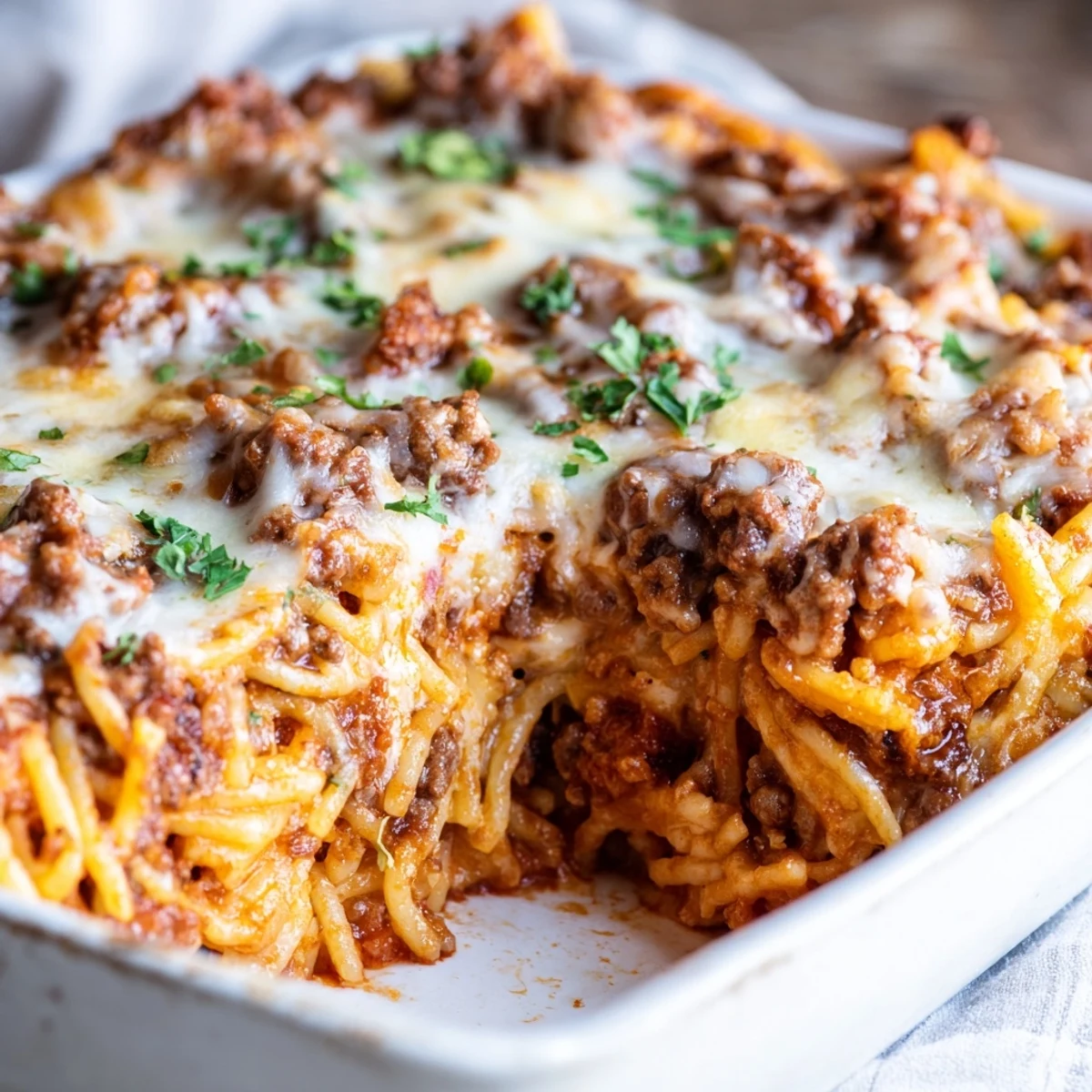 Golden, bubbly crust of Tinis Baked Spaghetti, a comforting casserole with savory meat sauce and cheese.