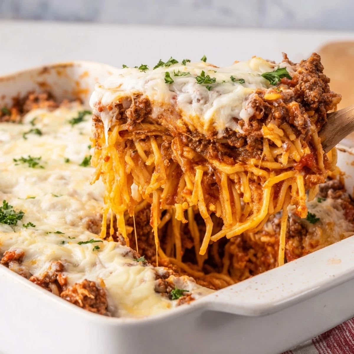 Tinis Baked Spaghetti, a layered delight, features rich cheese and spaghetti, served hot, delicious comfort food.