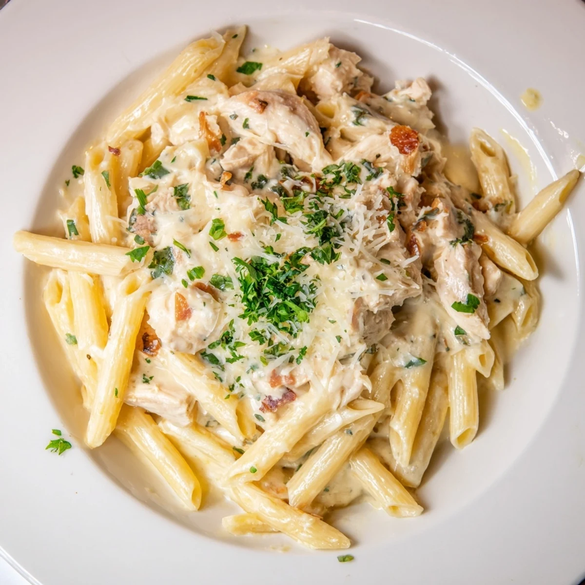 A bowl of Tina's creamy chicken pasta, generously garnished with parsley and Parmesan cheese.