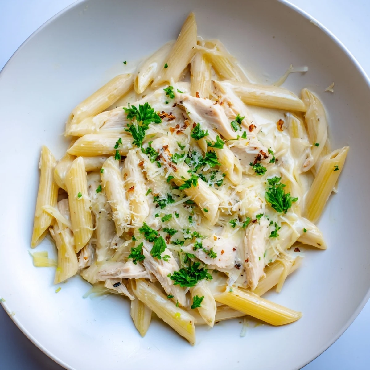 Golden penne pasta coated in rich, creamy sauce featuring tender chicken in this Tina's pasta.