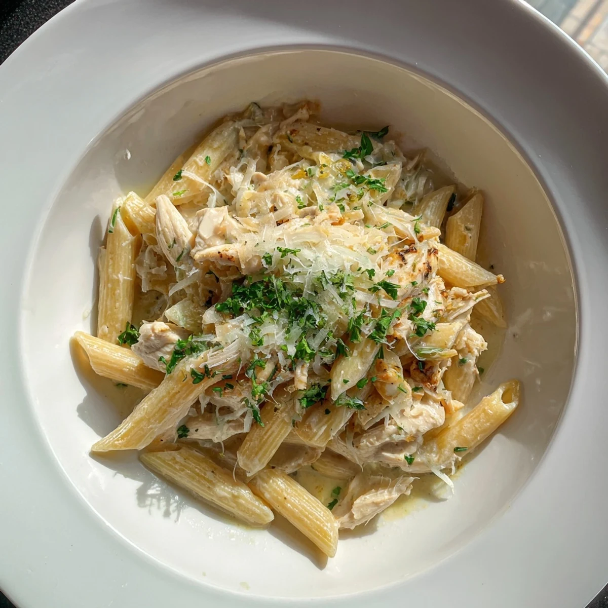 This satisfying Tina's creamy chicken pasta is ready to eat, served hot with a smooth, delicious sauce.