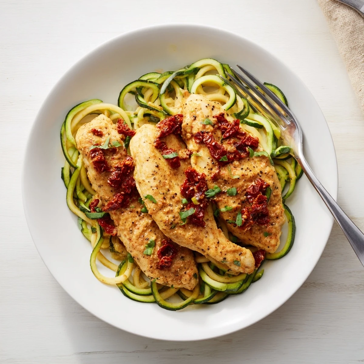 Marry Me Chicken Zoodles: Tender chicken with rich sun-dried tomato sauce over vibrant zucchini noodles.