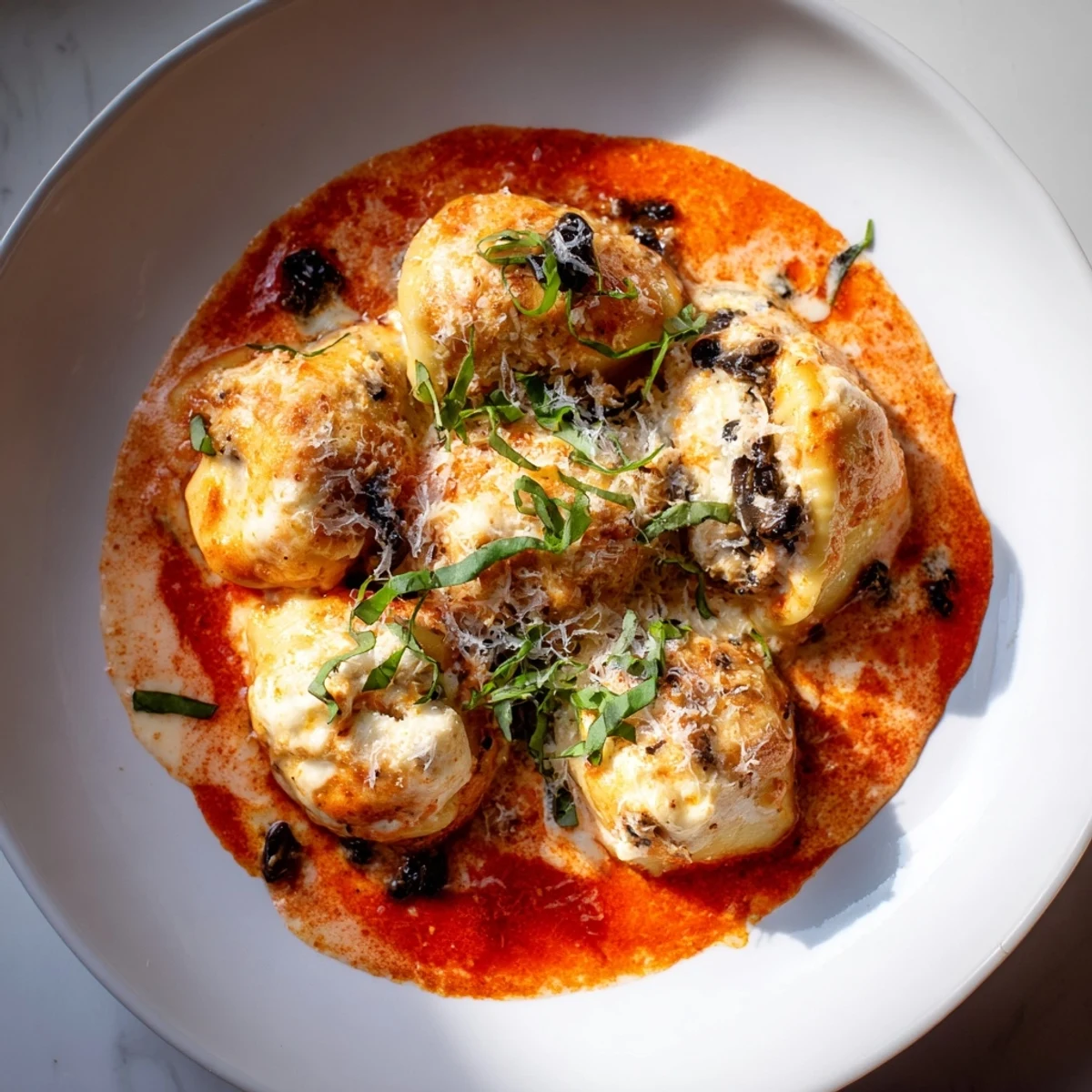 Golden, bubbly Marry Me Chicken Stuffed Shells, ready to be served, a comforting family favorite.