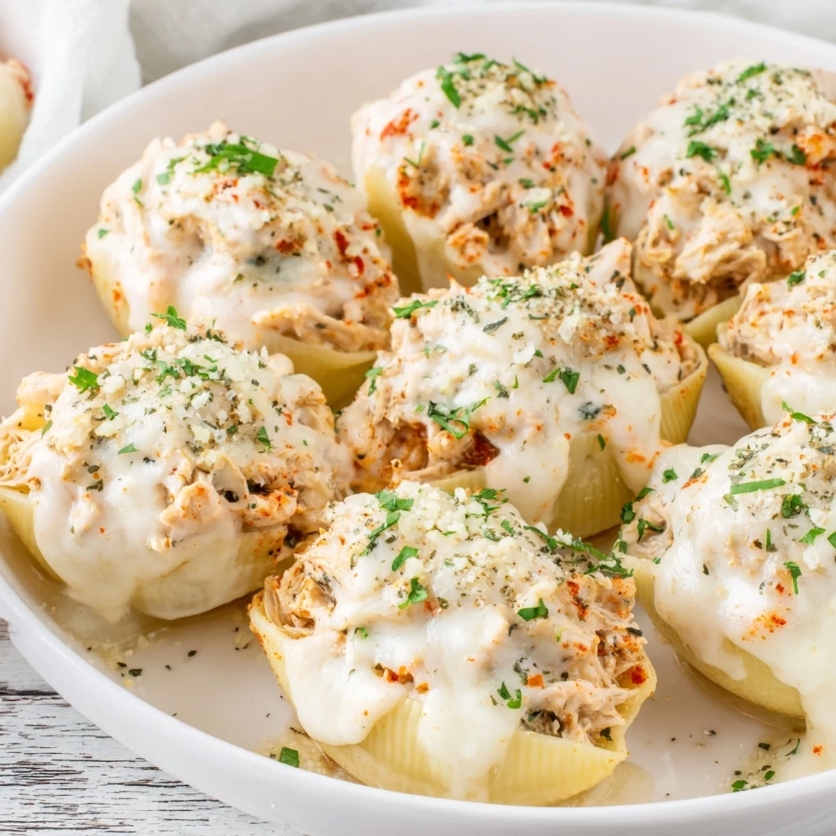 A close-up of creamy Marry Me Chicken Stuffed Shells, garnished with fresh basil, smells heavenly from the oven.