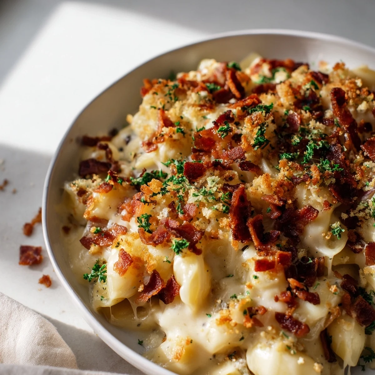 Golden-brown Tinis Mac and Cheese with Bacon, topped with crispy bacon and baked until bubbly and delicious.