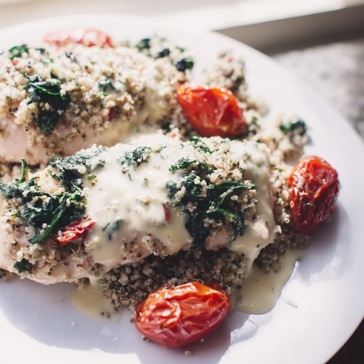 A close-up of Marry Me Chicken Orzo simmering in a skillet, with visible sun-dried tomatoes and pasta.