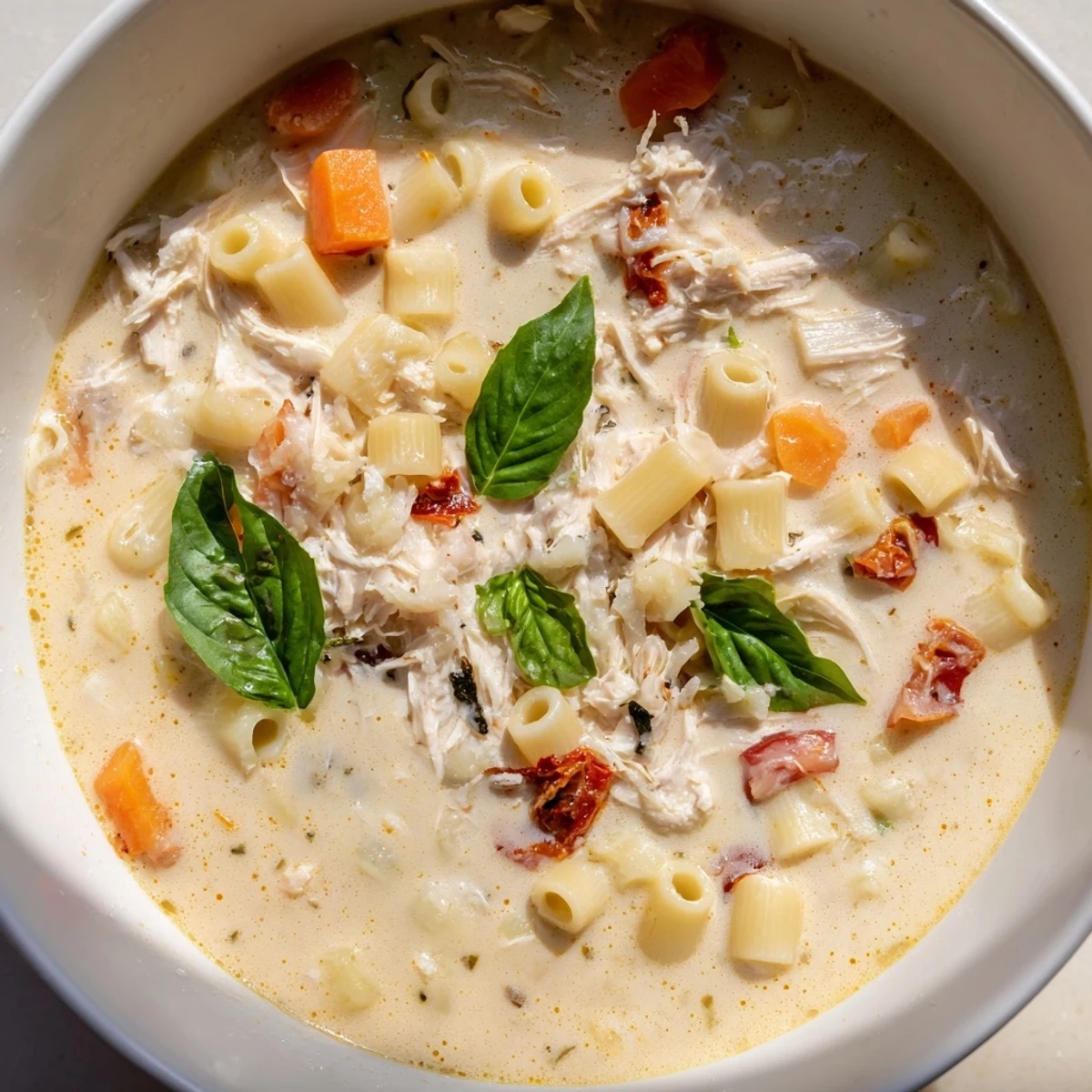 Creamy bowl of Marry Me Chicken Soup, featuring shredded chicken and sun-dried tomatoes atop ditalini pasta.