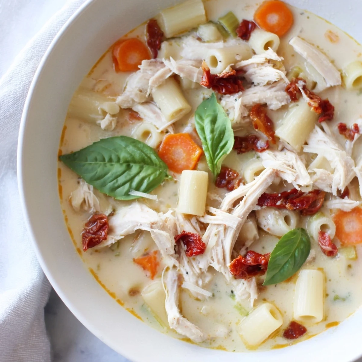 A steaming pot of Marry Me Chicken Soup, brimming with tender chicken, savory broth, and flavorful vegetables.