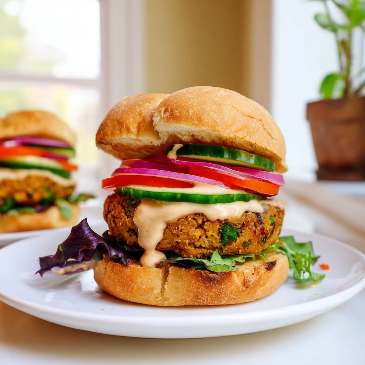 Golden-brown Baked Falafel Sliders, overflowing with fresh vegetables, ready to be devoured with creamy tahini sauce.