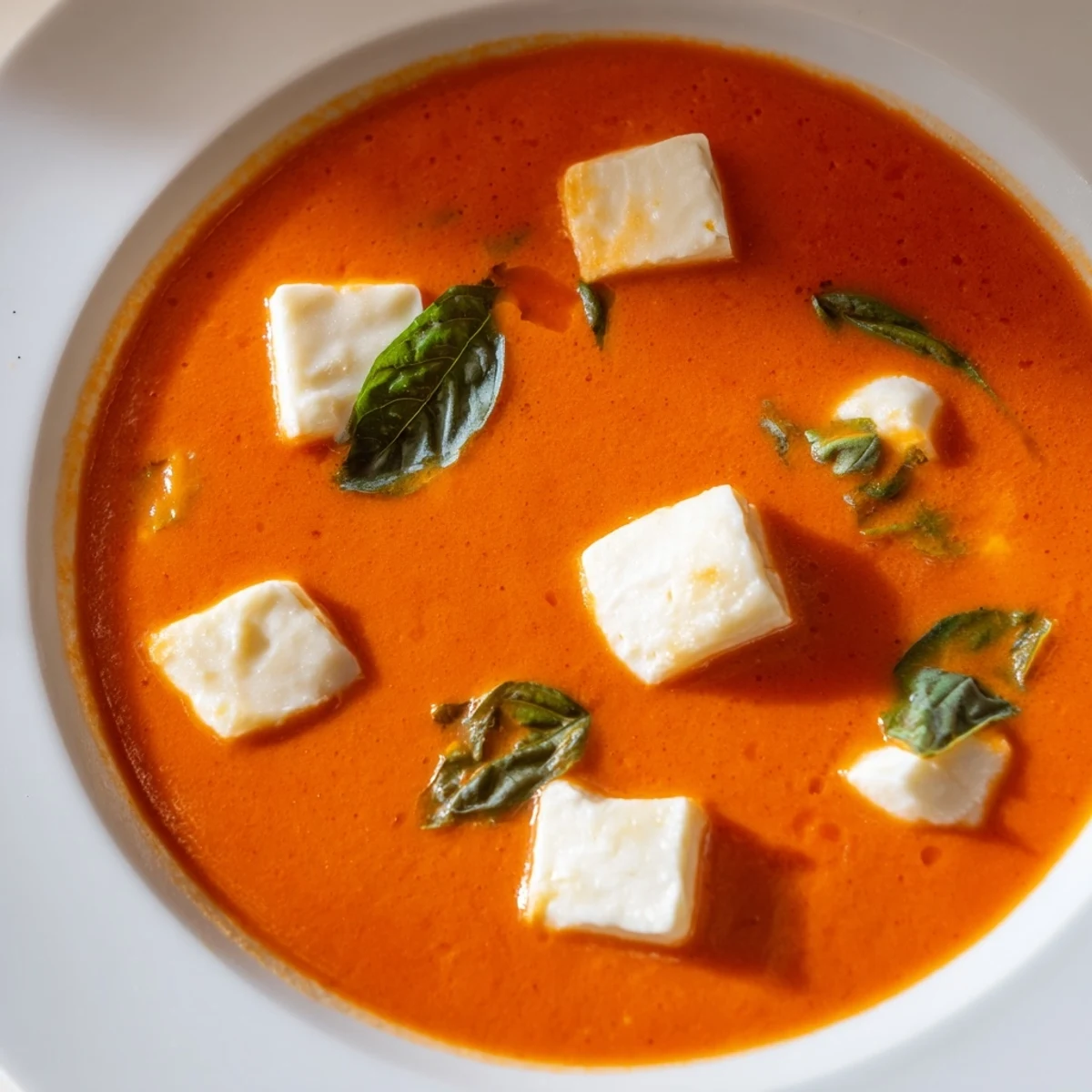 Steaming bowl of creamy tomato mozzarella soup, garnished with fresh basil for a comforting lunch.
